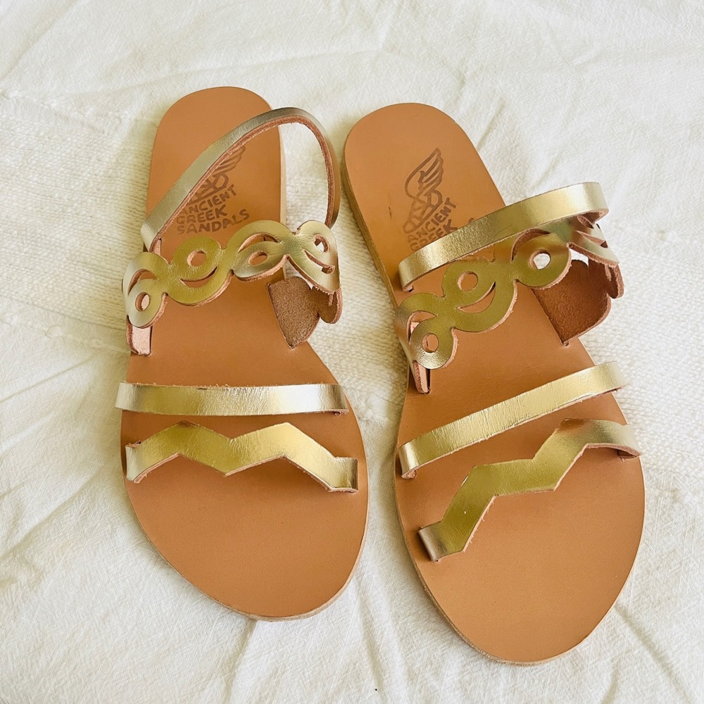 Ancient Greek Sandals Metallic Platinum Hand Made Leather Multi Strap Size 38
